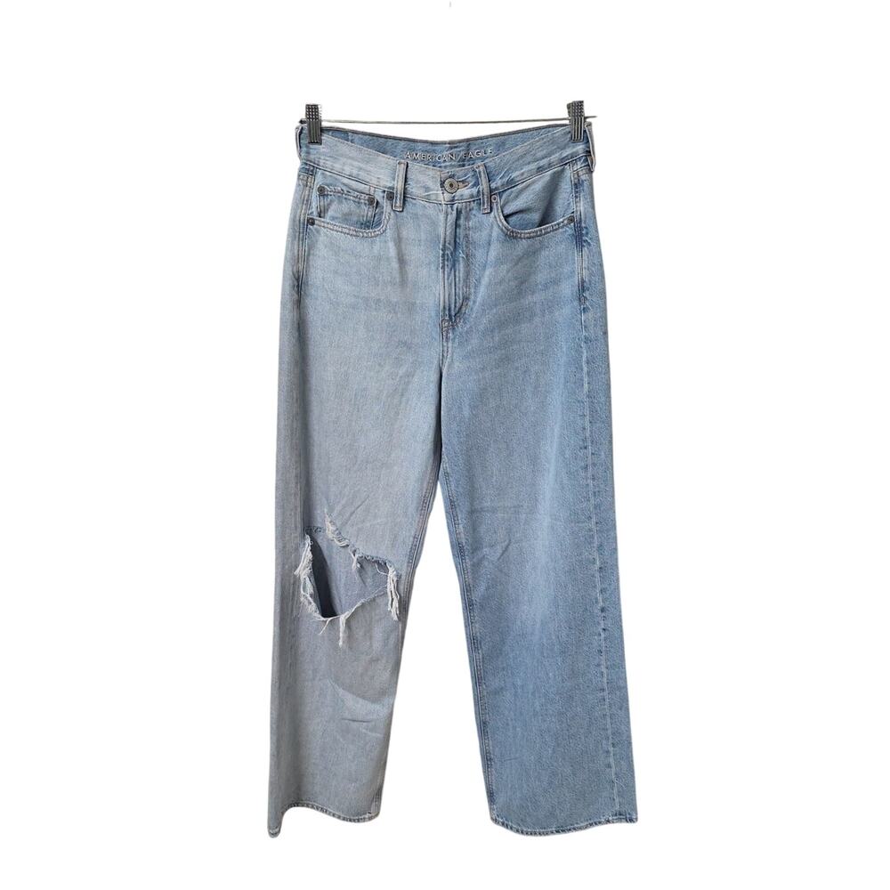 American Eagle Wide Leg Distressed Light Wash Hi-Rise Jeans Womens Size 8